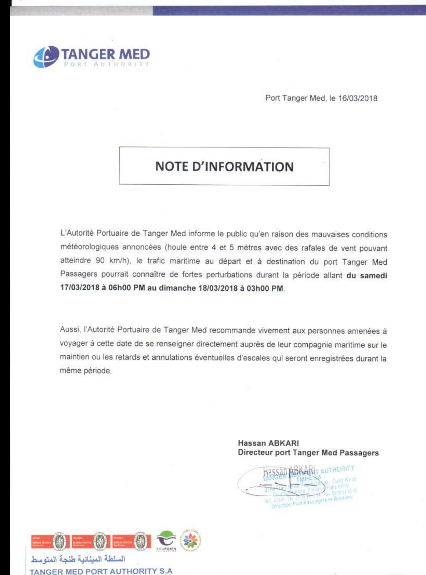Une troisième alerte Météo sur Tanger Med ce Week-End, les chaines de production à l'export au ralentit