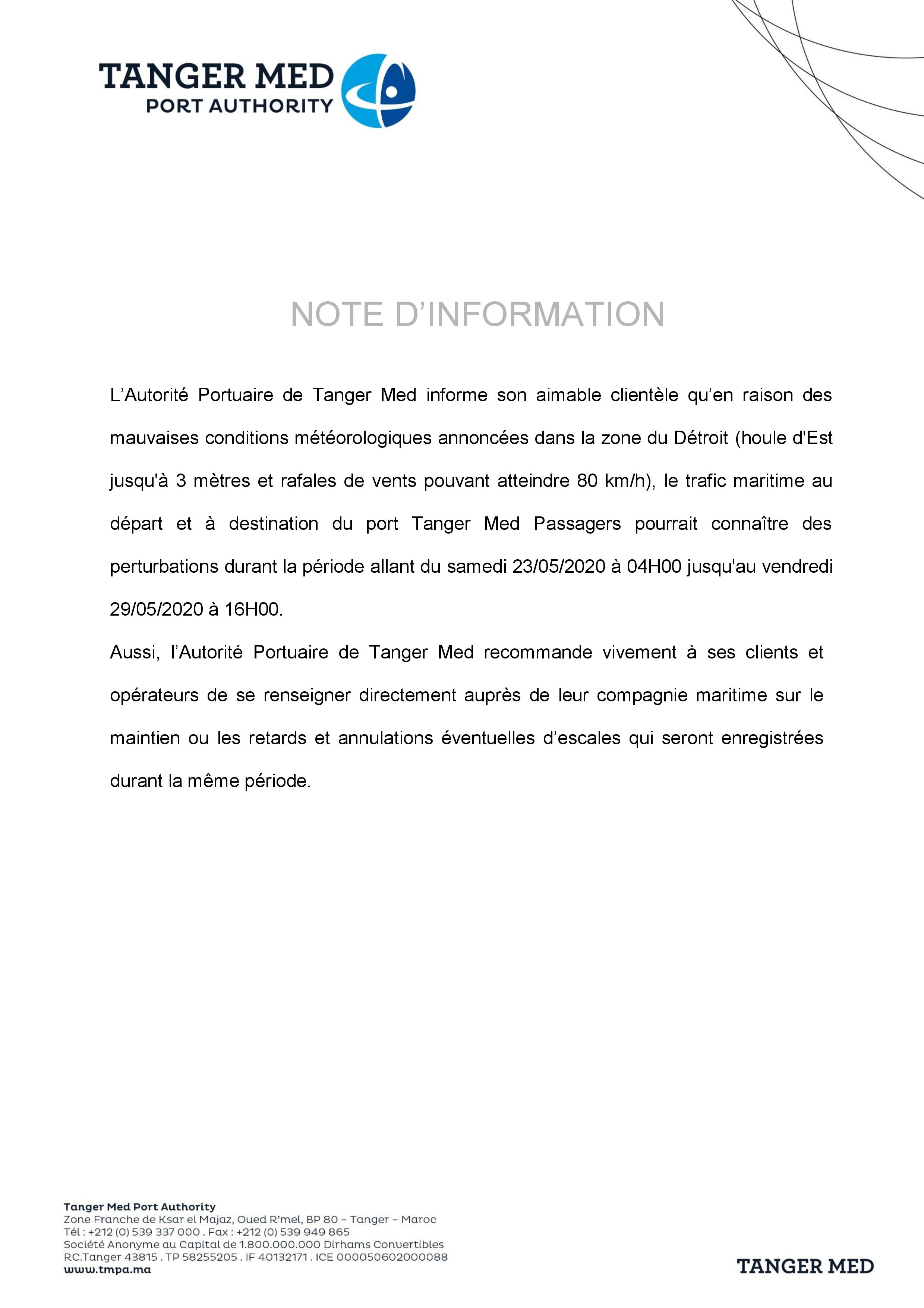 Le trafic maritime au départ et à destination du port Tanger Med Passagers pourrait connaître des perturbations