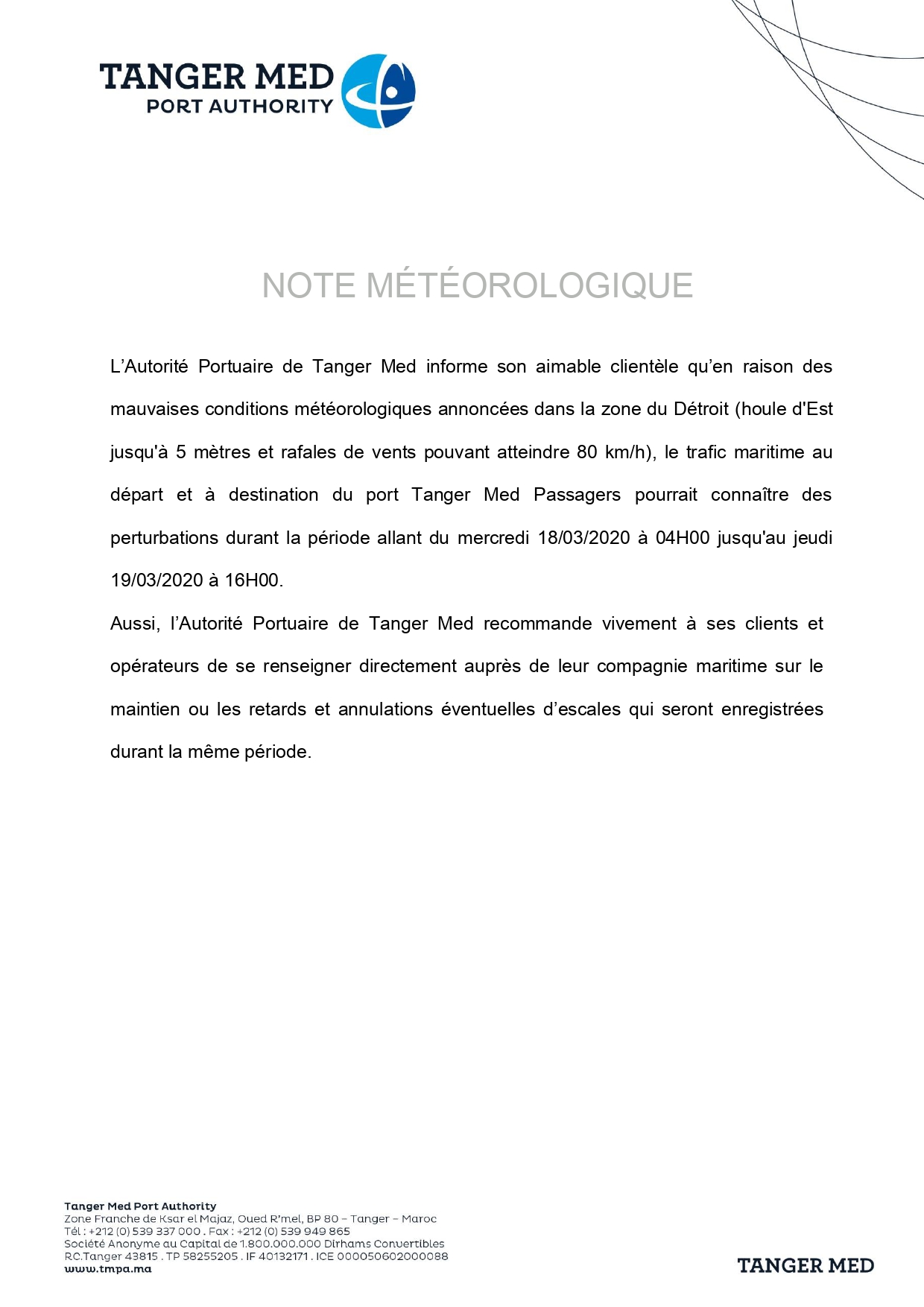 Note météorologique de Tanger Med pour les journées des 18 et 19 mars 2020