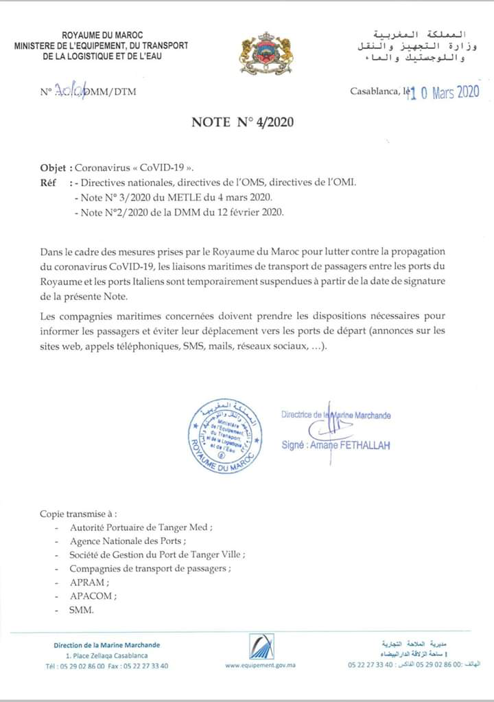 La Marine Marchande suspend les lignes maritimes avec l'Italie à cause du Coronavirus